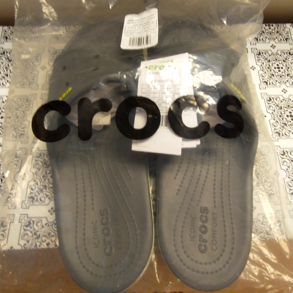 Crocs, men's 13 Bayaband Slides, grey and volt green, brand new never worn.